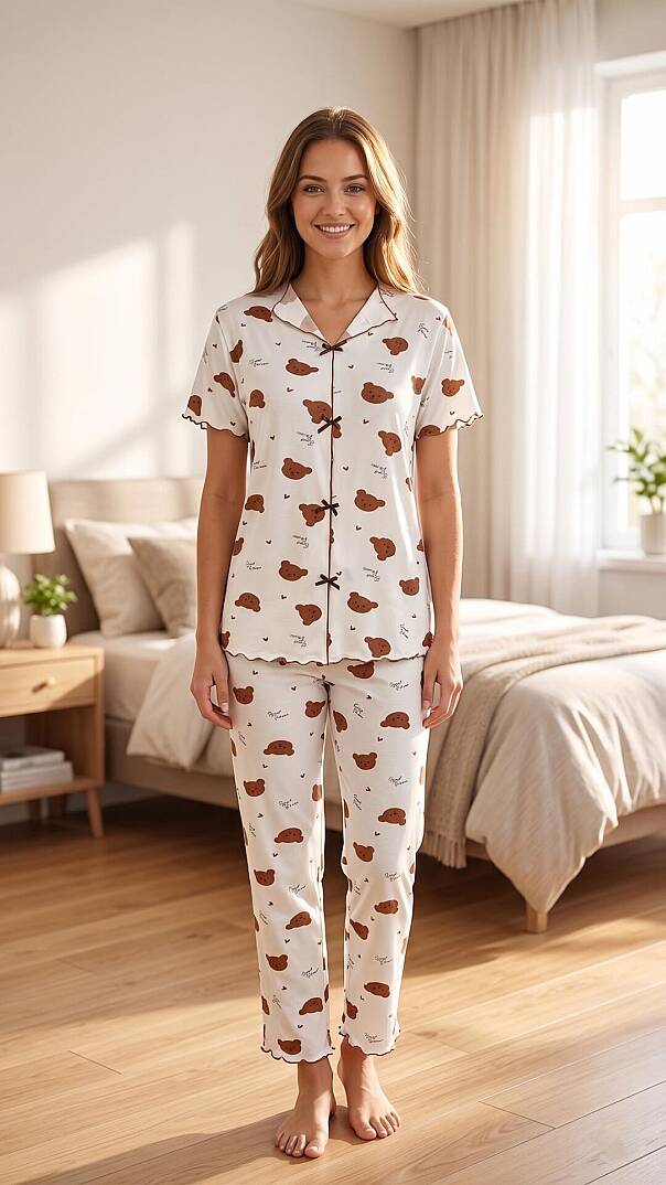 Kadın Teddy Bear Desenli Yumuşak Soft İpeksi Doku Rahat Kalıp Kısa Kollu Pijama Takımı - 1