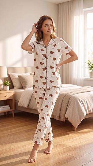 Kadın Teddy Bear Desenli Yumuşak Soft İpeksi Doku Rahat Kalıp Kısa Kollu Pijama Takımı - 2