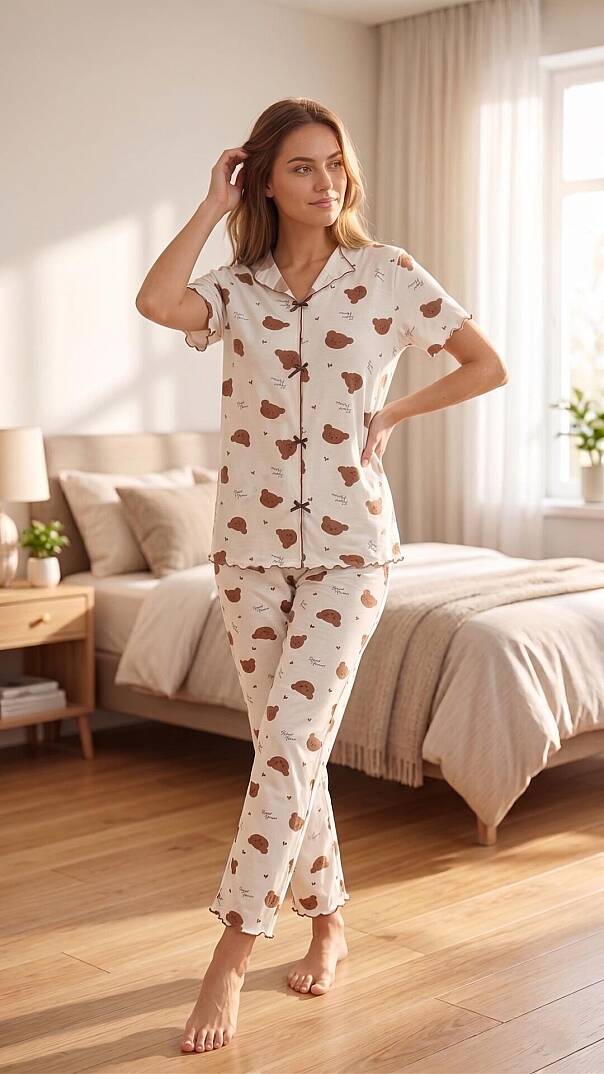 Kadın Teddy Bear Desenli Yumuşak Soft İpeksi Doku Rahat Kalıp Kısa Kollu Pijama Takımı - 2