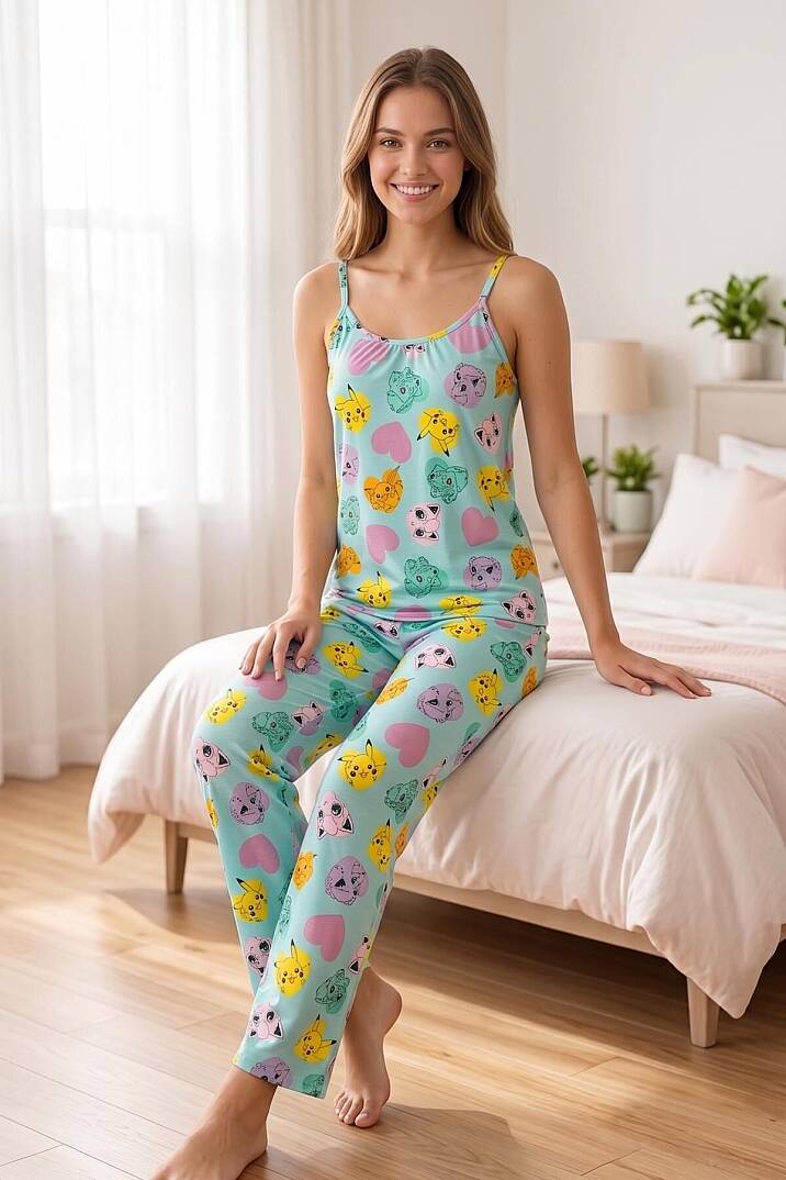 Karakter Baskılı Yumuşak Soft Dokulu Esnek Pamuklu İp Askılı Pijama Takımı - 1