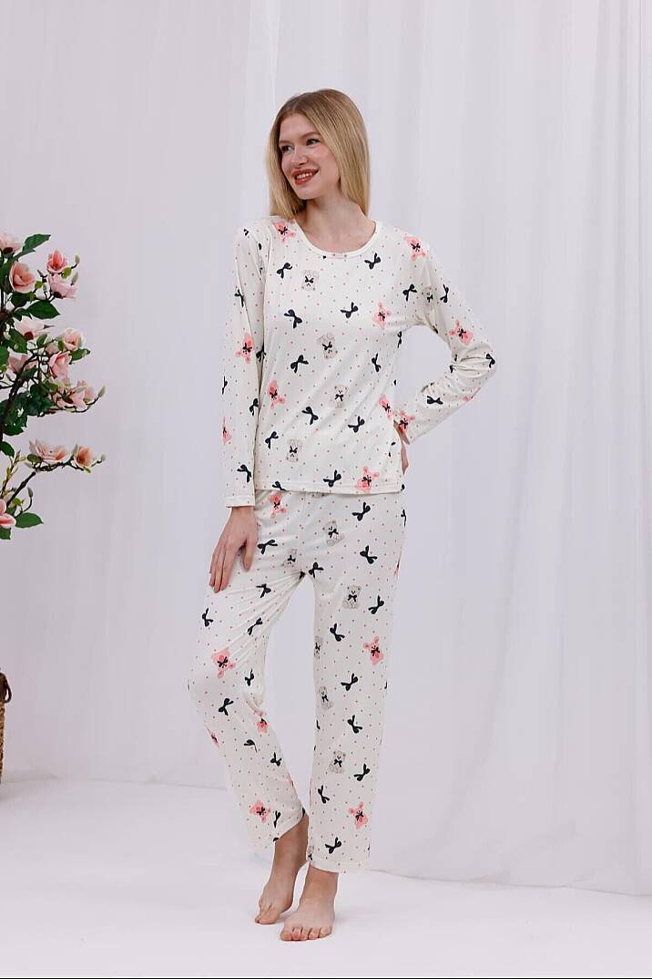 Kurdeleli Ayıcık Baskılı Yumuşak Dokulu Rahat Kalıp Uzun Kollu Örme Kadın Penye Pijama Takımı - 5