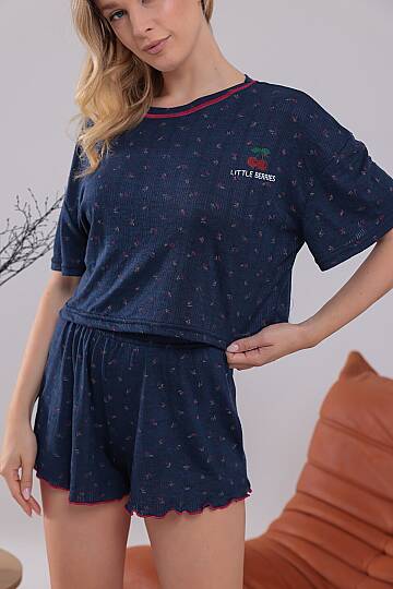 Kadın Pamuklu Ayıcık Desenli Bürümcük Kumaş Kısa Kollu Pijama Takımı