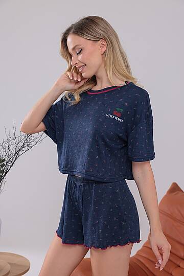 Lacivert Renk Kiraz Baskılı Oversize Kalıp Kısa Kollu Crop Yazlık kadın şortlu Pijama Takımı - 4