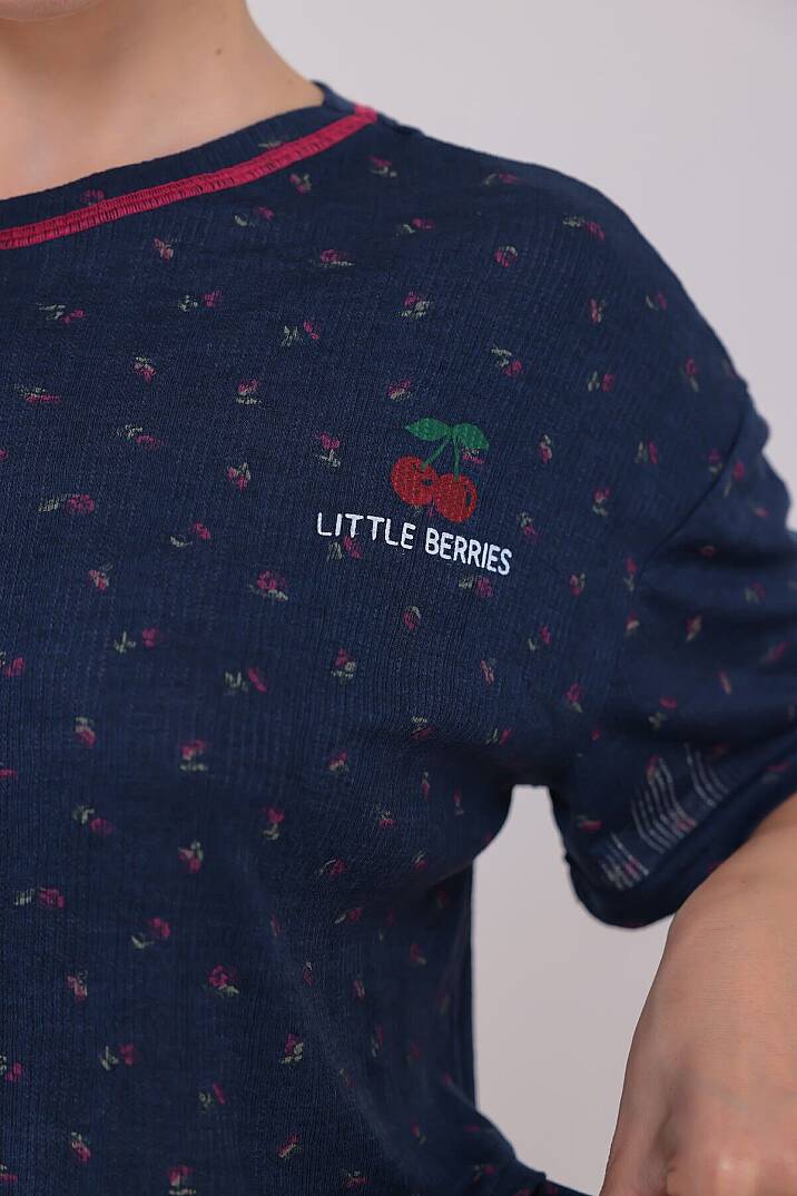 Lacivert Renk Kiraz Baskılı Oversize Kalıp Kısa Kollu Crop Yazlık kadın şortlu Pijama Takımı - 5