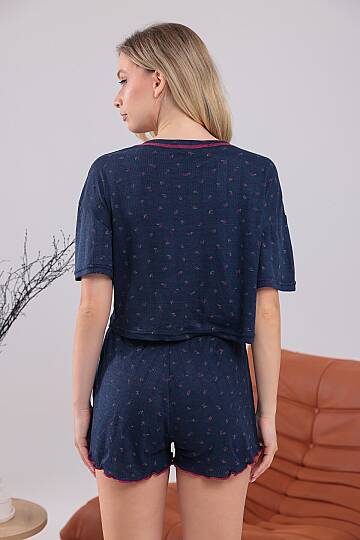 Lacivert Renk Kiraz Baskılı Oversize Kalıp Kısa Kollu Crop Yazlık kadın şortlu Pijama Takımı - 6