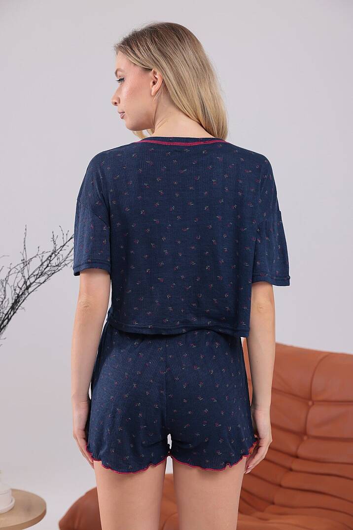 Lacivert Renk Kiraz Baskılı Oversize Kalıp Kısa Kollu Crop Yazlık kadın şortlu Pijama Takımı - 6