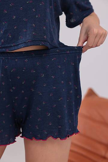 Lacivert Renk Kiraz Baskılı Oversize Kalıp Kısa Kollu Crop Yazlık kadın şortlu Pijama Takımı - 7