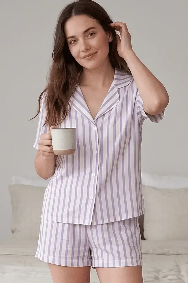 Lila Beyaz Çizgili Şeritli Şortlu Pijama Takımı - 4