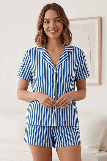Mavi Beyaz Çizgili Şeritli Şortlu Pijama Takımı - 4