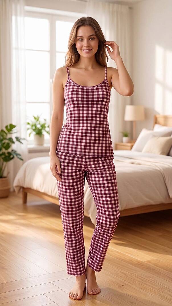 Mor Pötikare Baskılı Yumuşak İpeksi Doku Esnek Pamuklu İp Askılı Pijama Takımı - 1