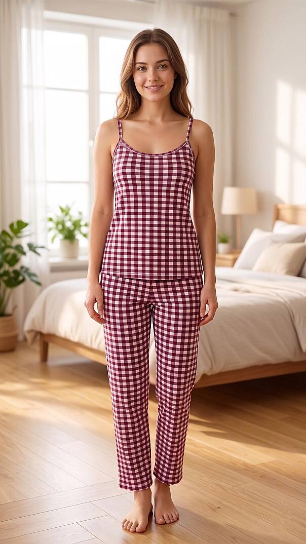 Mor Pötikare Baskılı Yumuşak İpeksi Doku Esnek Pamuklu İp Askılı Pijama Takımı - 3
