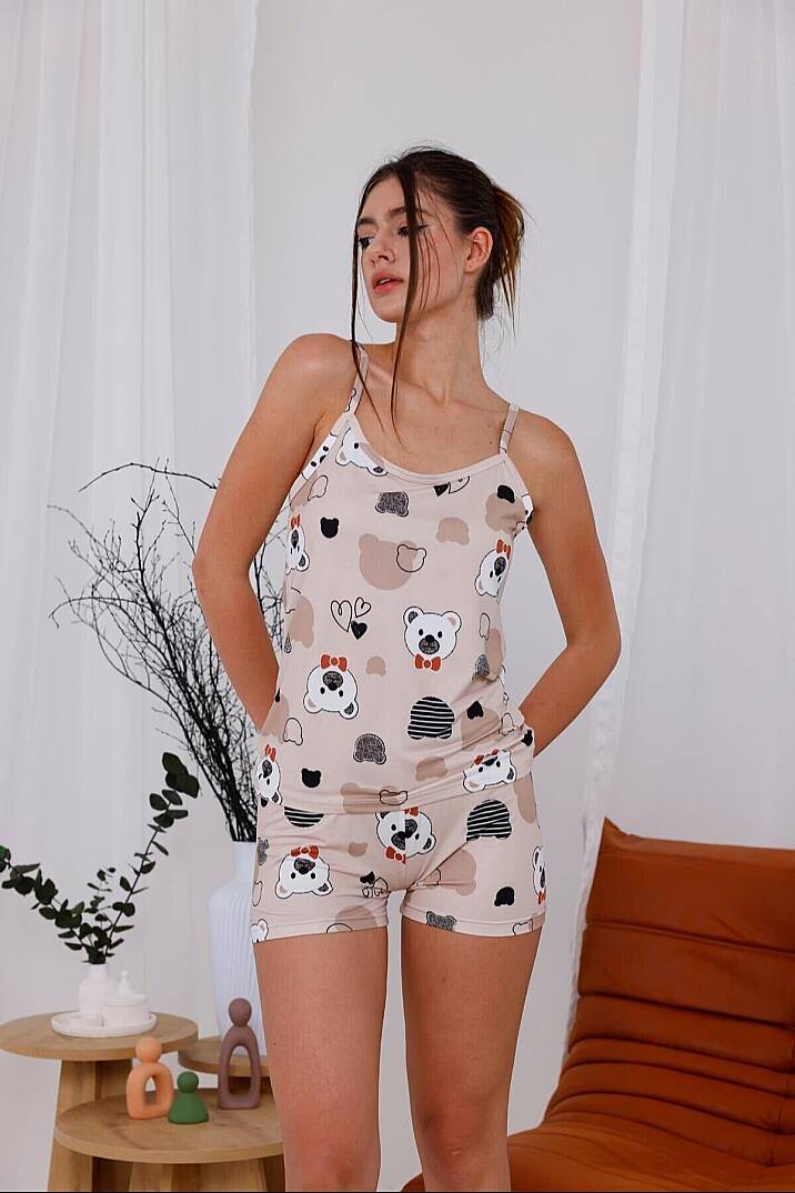 Papyonlu Ayıcık Baskılı Yumuşak Dokulu Örme İp Askılı Kadın Desenli Pijama Takımı - 2