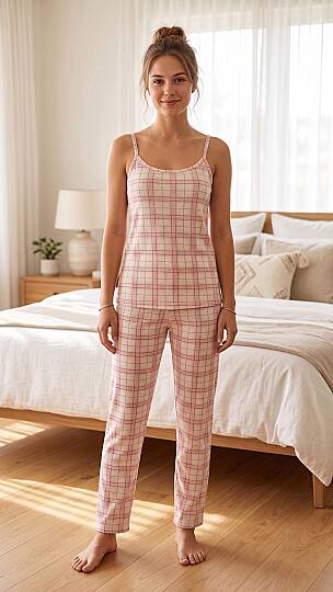Pembe Ekose Baskılı Yumuşak İpeksi Doku Esnek Pamuklu İp Askılı Pijama Takımı
