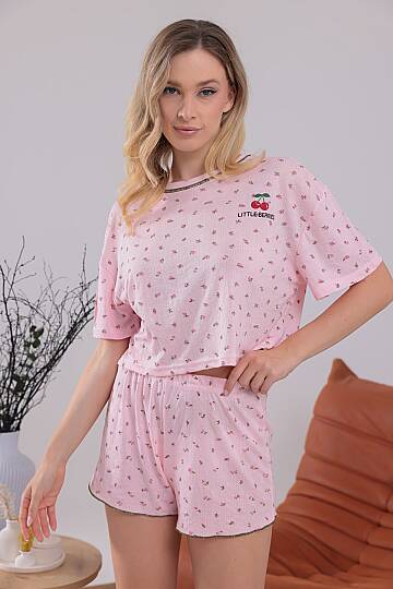 Pembe Renk Kiraz Baskılı Oversize Kalıp Kısa Kollu Crop Yazlık Kadın Şortlu Pijama Takımı - 3