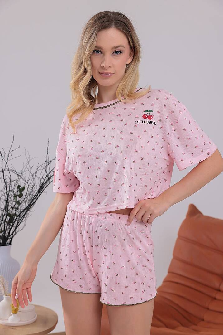 Pembe Renk Kiraz Baskılı Oversize Kalıp Kısa Kollu Crop Yazlık Kadın Şortlu Pijama Takımı - 3