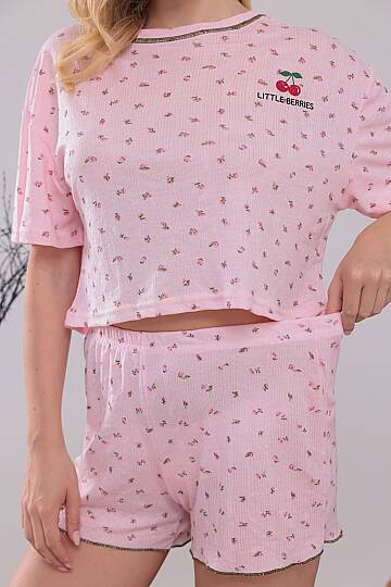 Pembe Renk Kiraz Baskılı Oversize Kalıp Kısa Kollu Crop Yazlık Kadın Şortlu Pijama Takımı - 4