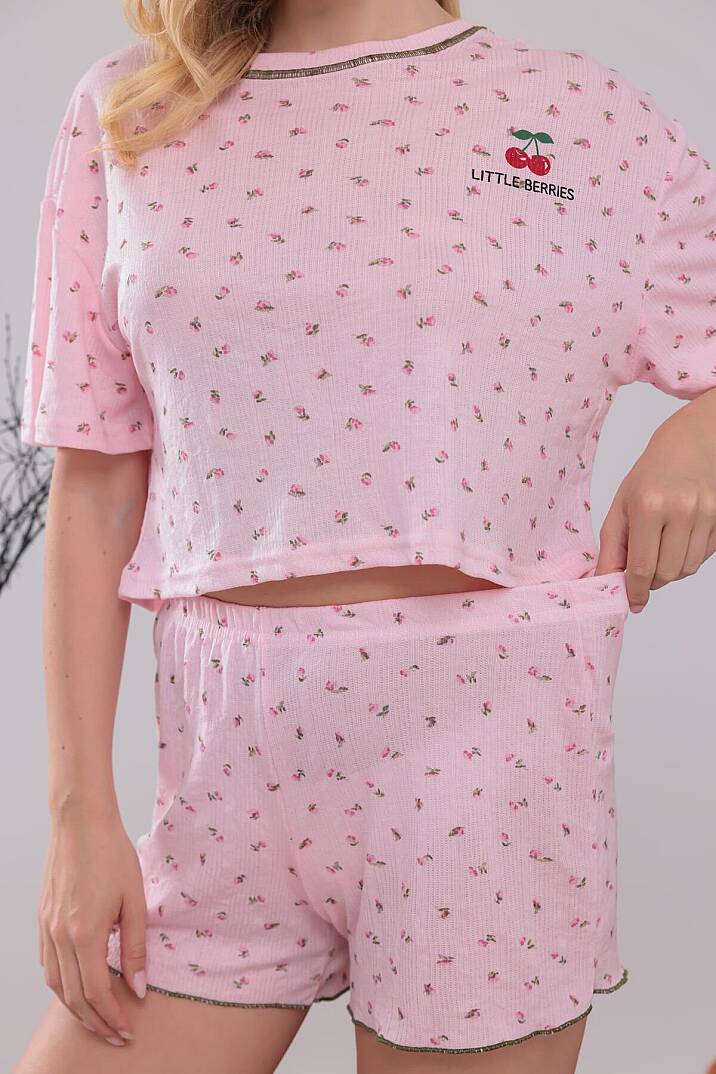 Pembe Renk Kiraz Baskılı Oversize Kalıp Kısa Kollu Crop Yazlık Kadın Şortlu Pijama Takımı - 4