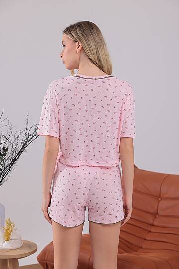 Pembe Renk Kiraz Baskılı Oversize Kalıp Kısa Kollu Crop Yazlık Kadın Şortlu Pijama Takımı - 5