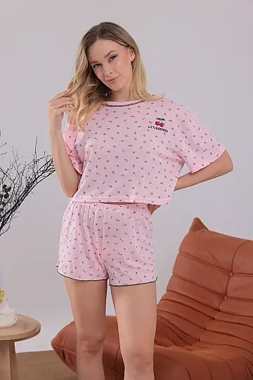 Pembe Renk Kiraz Baskılı Oversize Kalıp Kısa Kollu Crop Yazlık Kadın Şortlu Pijama Takımı - 8