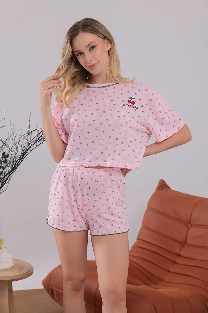 Pembe Renk Kiraz Baskılı Oversize Kalıp Kısa Kollu Crop Yazlık Kadın Şortlu Pijama Takımı - 8