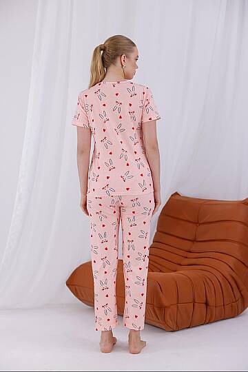 Pembe Tavşan Baskılı Yumuşak Dokulu Milan Örme Rahat Kalıp Kadın Kısa Kollu Pijama Takımı - 6