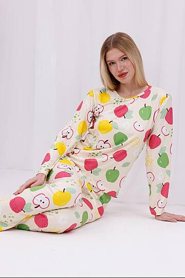Renkli Elma Baskılı Yumuşak Dokulu Rahat Kalıp Uzun Kollu Örme Kadın Günlük Pijama Takımı