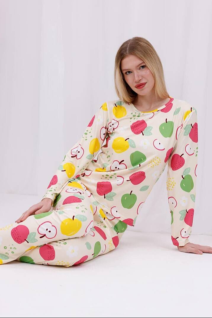Renkli Elma Baskılı Yumuşak Dokulu Rahat Kalıp Uzun Kollu Örme Kadın Günlük Pijama Takımı - 1
