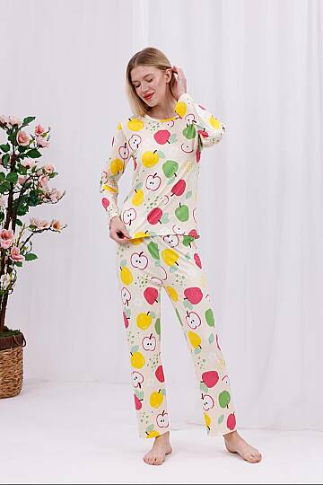 Renkli Elma Baskılı Yumuşak Dokulu Rahat Kalıp Uzun Kollu Örme Kadın Günlük Pijama Takımı - 4