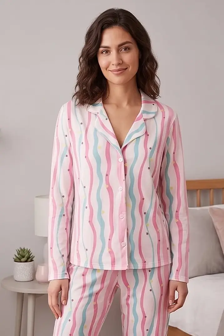Renkli Şeritli Yıldız ve Kalp Desenli Pijama Takımı - 1