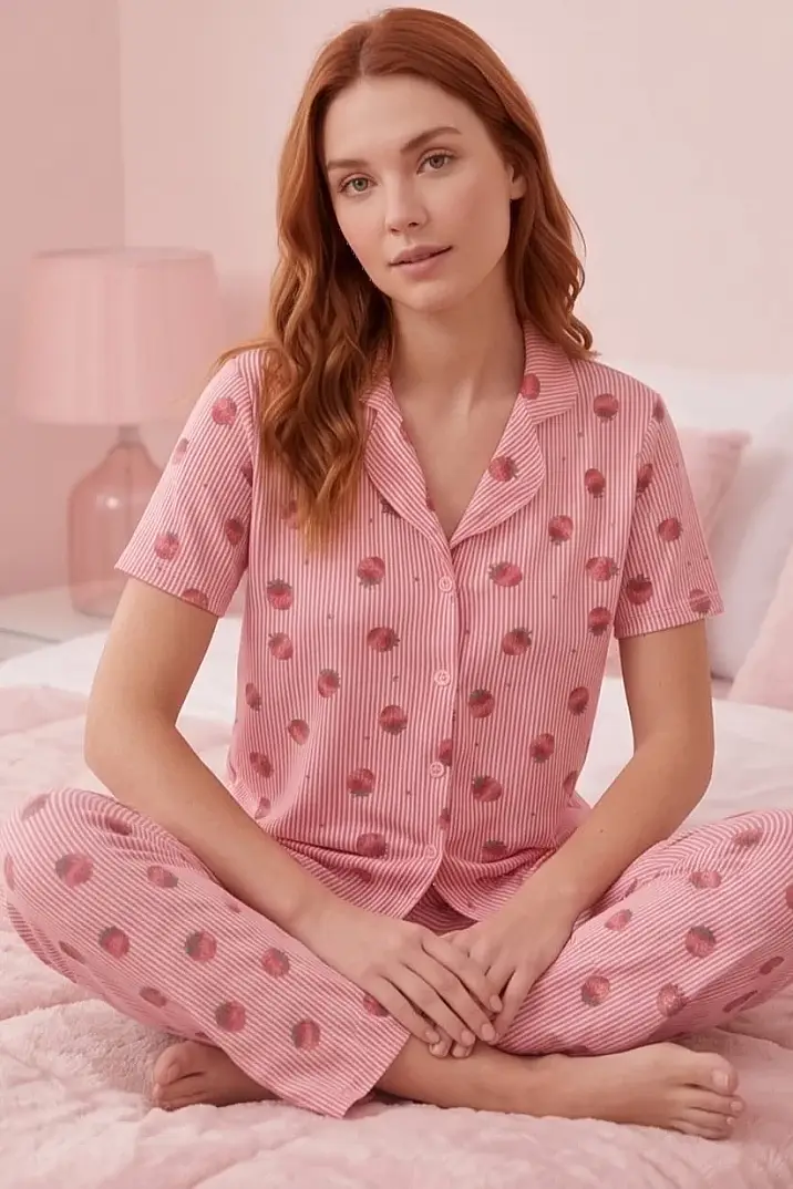 Şeritli Çilek Desenli Pembe Kısa Kollu Pijama Takımı - 1