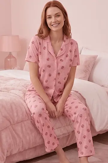 Şeritli Çilek Desenli Pembe Kısa Kollu Pijama Takımı - 2