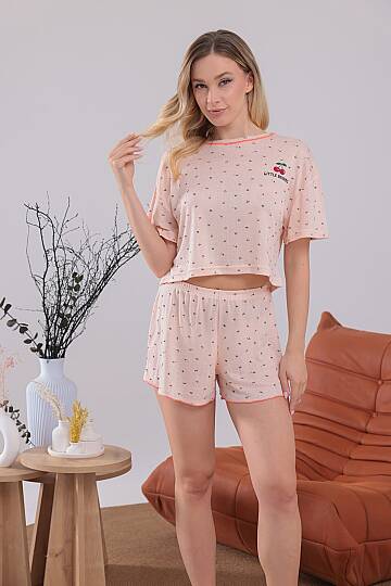 Somon Renk Kiraz Baskılı Oversize Kalıp Kısa Kollu Crop Yazlık Kadın Şortlu Pijama Takımı - 3