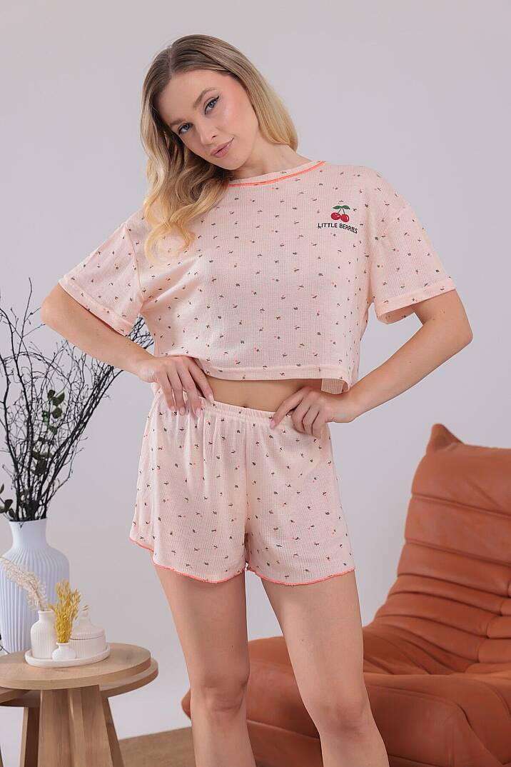 Somon Renk Kiraz Baskılı Oversize Kalıp Kısa Kollu Crop Yazlık Kadın Şortlu Pijama Takımı - 4