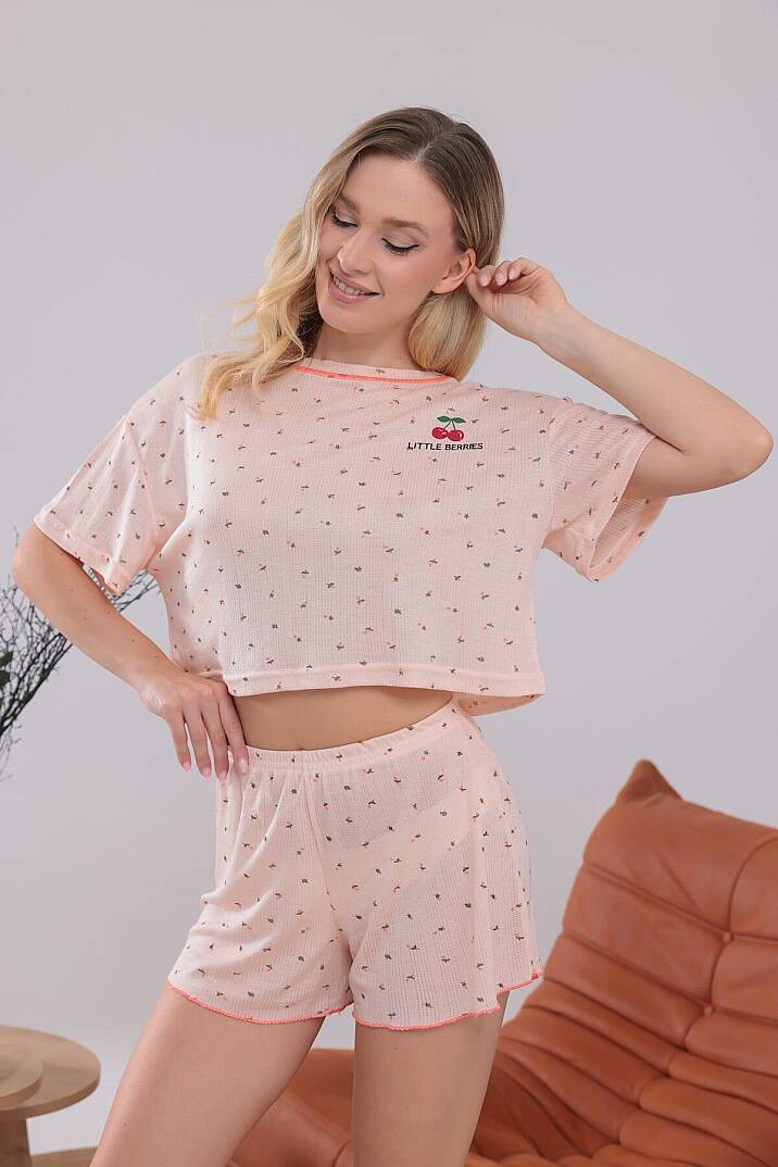 Somon Renk Kiraz Baskılı Oversize Kalıp Kısa Kollu Crop Yazlık Kadın Şortlu Pijama Takımı - 5