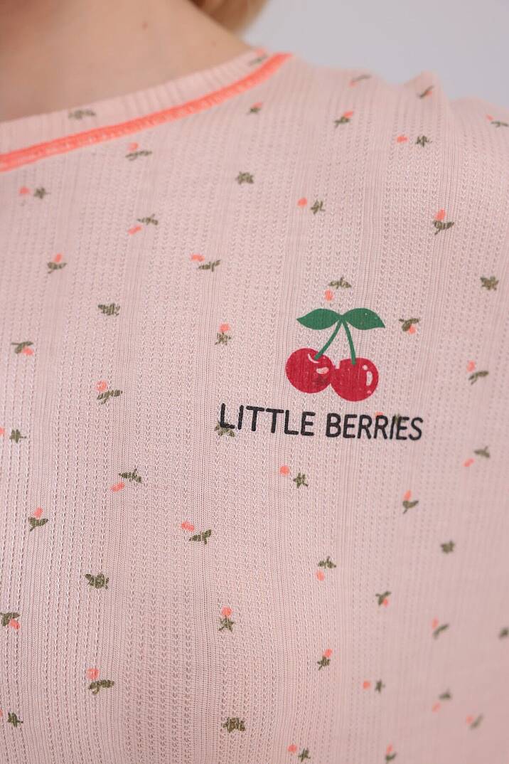 Somon Renk Kiraz Baskılı Oversize Kalıp Kısa Kollu Crop Yazlık Kadın Şortlu Pijama Takımı - 6
