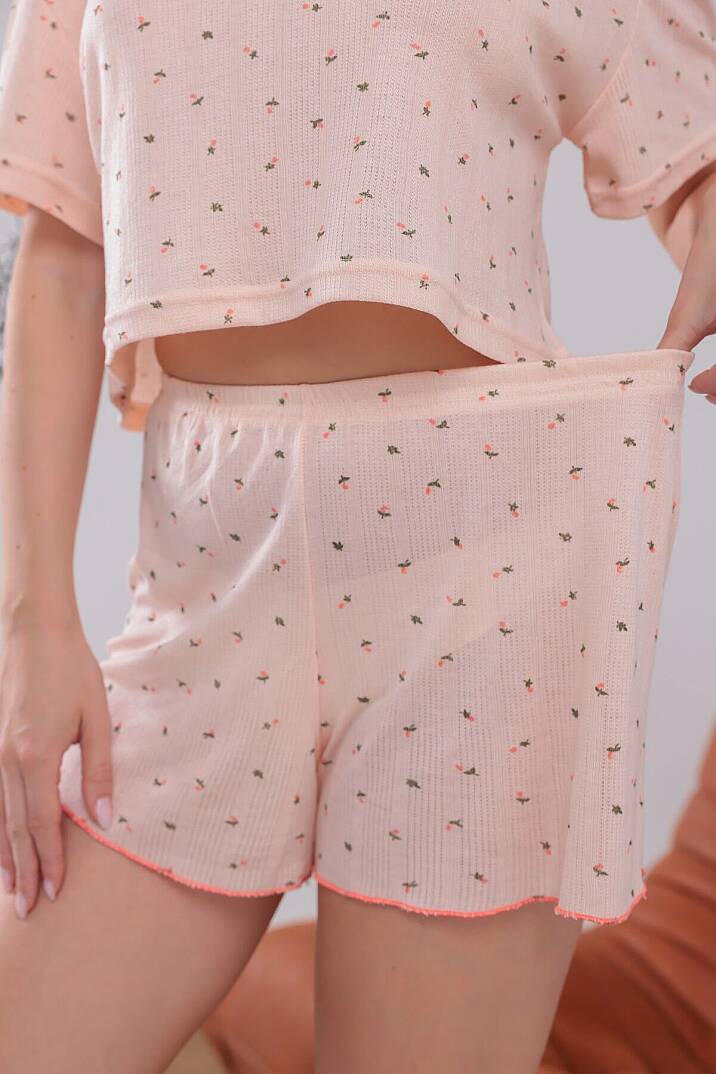 Somon Renk Kiraz Baskılı Oversize Kalıp Kısa Kollu Crop Yazlık Kadın Şortlu Pijama Takımı - 7