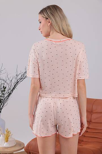 Somon Renk Kiraz Baskılı Oversize Kalıp Kısa Kollu Crop Yazlık Kadın Şortlu Pijama Takımı - 8