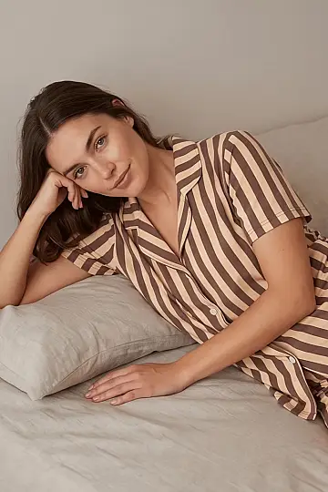 Sütlü Kahve Kahverengi Çizgili Kısa Kollu Şortlu Pijama Takımı - 5