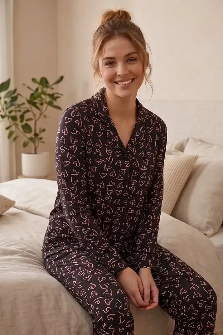 Uzun Kollu Çoklu Kalp Desenli Siyah Pijama Takımı - 1
