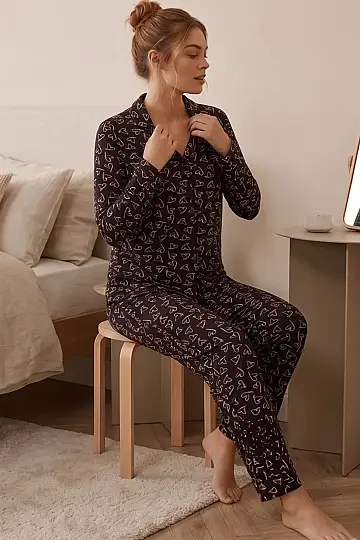 Uzun Kollu Çoklu Kalp Desenli Siyah Pijama Takımı - 2