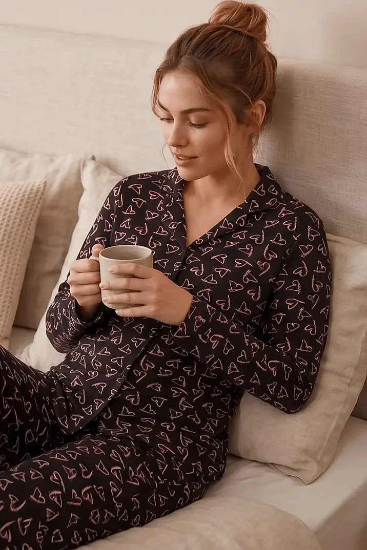 Uzun Kollu Çoklu Kalp Desenli Siyah Pijama Takımı - 3