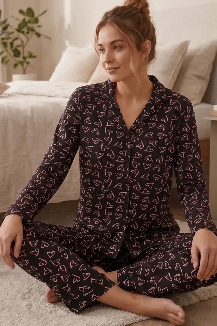 Uzun Kollu Çoklu Kalp Desenli Siyah Pijama Takımı - 4