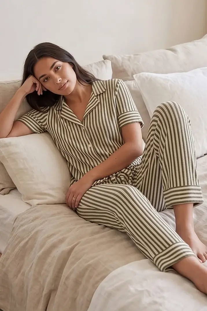 Yeşil Beyaz Çizgili Şeritli Pijama Takımı - 1