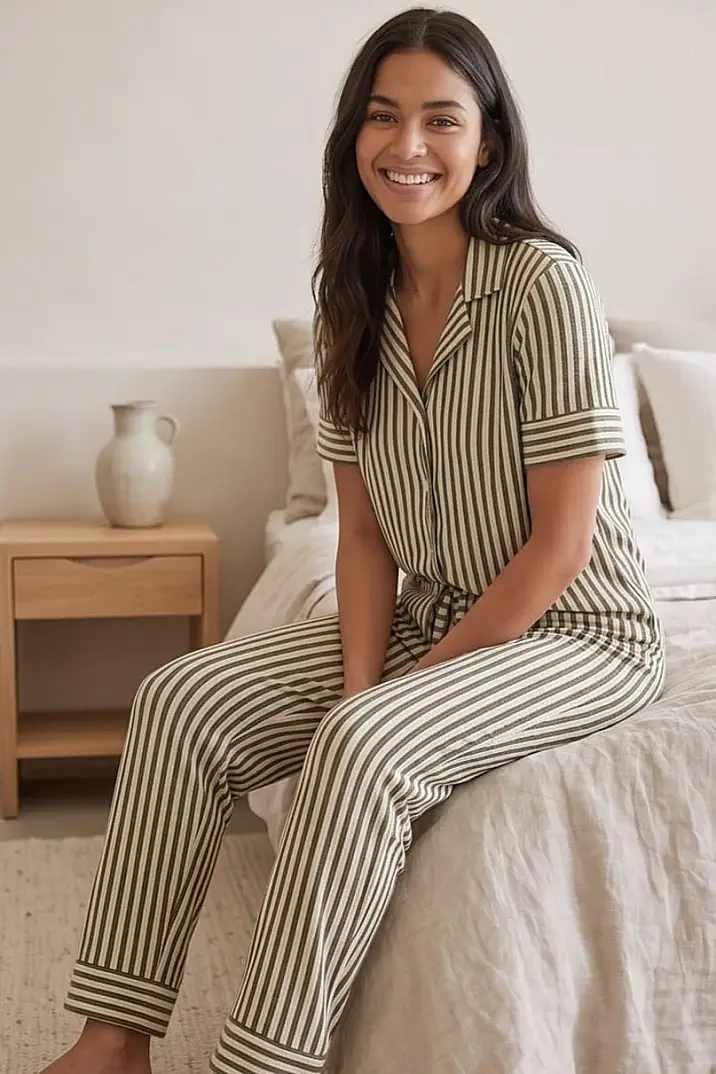 Yeşil Beyaz Çizgili Şeritli Pijama Takımı - 4