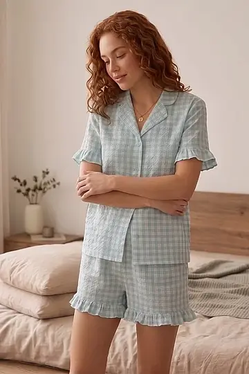 Yeşil Beyaz Dama Desenli Fırfırlı Kısa Kollu ve Şortlu Pijama Takımı - 2