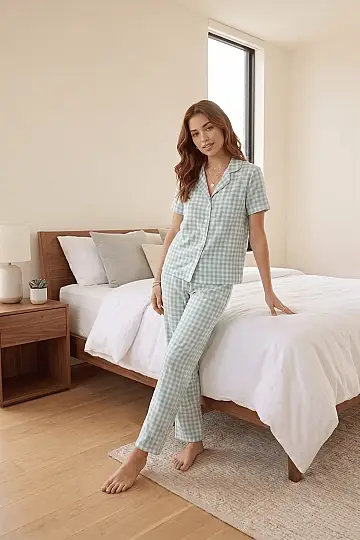 Yeşil Beyaz Dama Desenli Kare Pijama Takımı - 3
