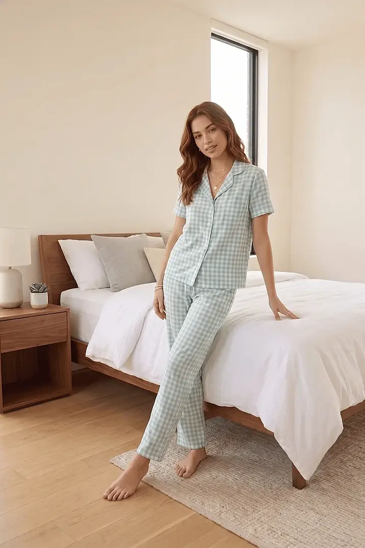Yeşil Beyaz Dama Desenli Kare Pijama Takımı - 3